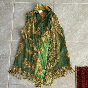 Soft Surroundings Green Paisley 100% Wool w/Fringe Trim Draping Front Vest S/M